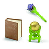 Decorative items including a book, a gold ball on a green stand, and a blue object on a green stem.